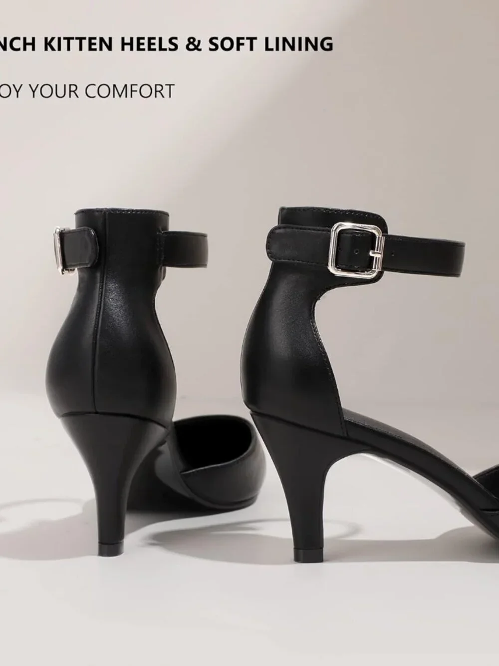 Women's Black Pu Pumps Low Kitten Heels Pointed Closed Toe Shoes Strap